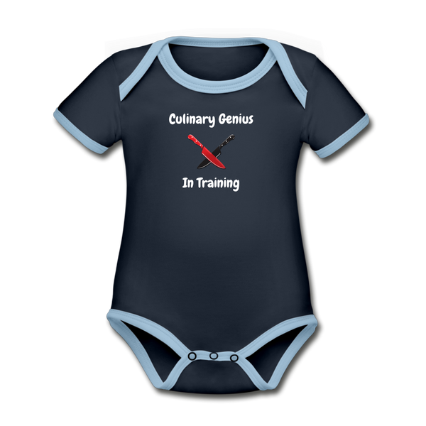 Dual Knives - Culinary Genius in Training - Frato's - Organic Contrast Short Sleeve Baby Bodysuit - navy/sky